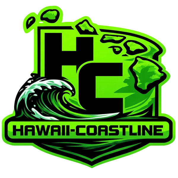 Logo with 'HC' initials and wave design, labeled 'Hawaii-Coastline', on a green background.